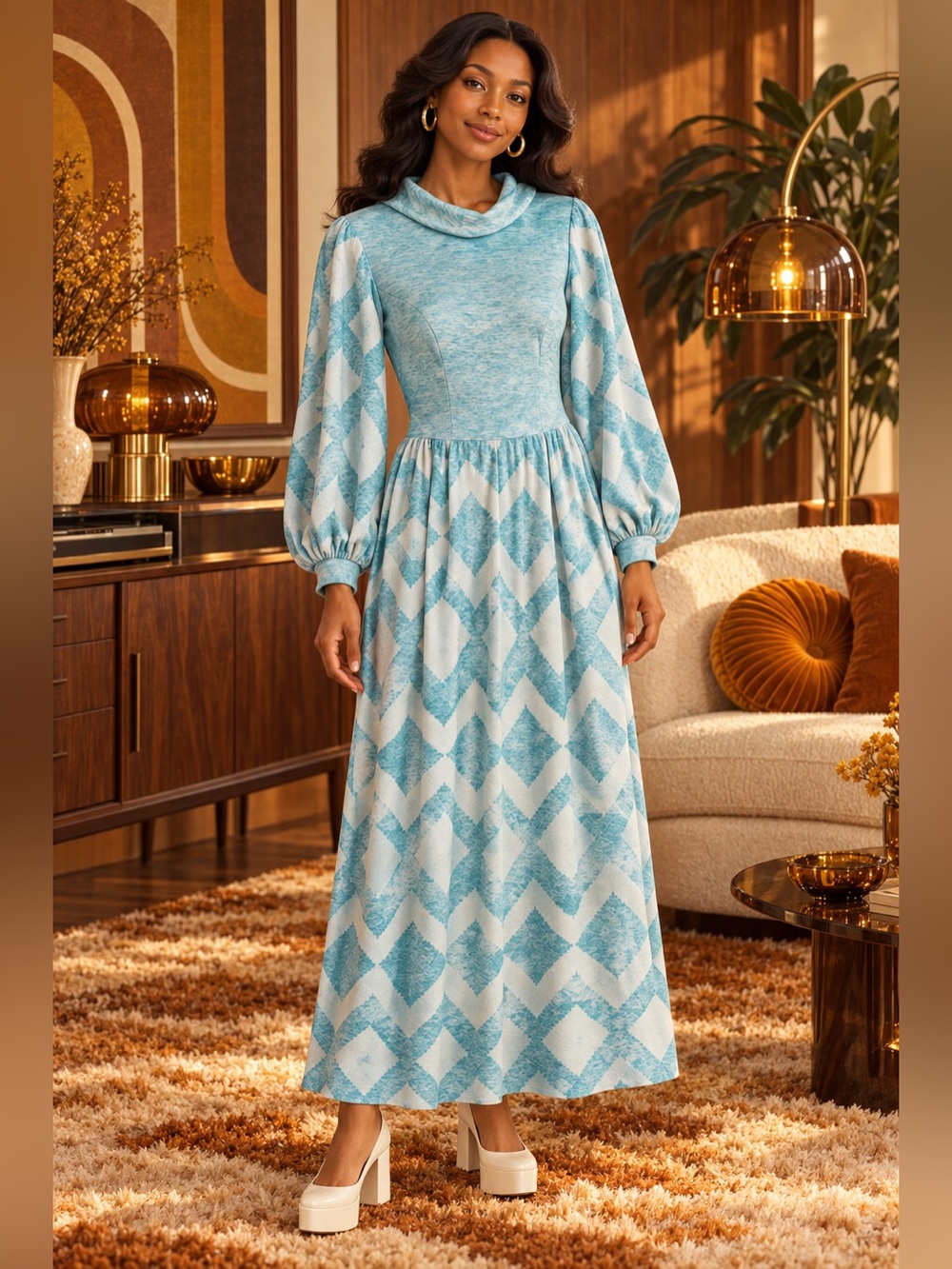 Vintage 70s Light Blue Geometric Patterned Long Sleeve Maxi Dress